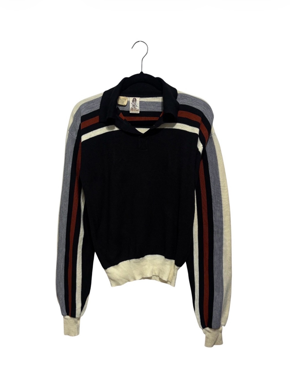 70’s Alfie Black Striped Polo Sweater